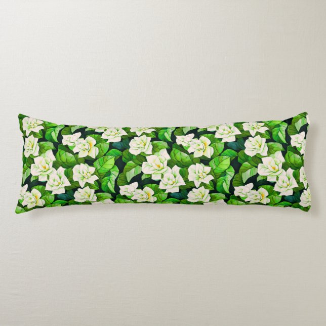 White Gardenias and Jade Green Leaves Body Cushion (Front)