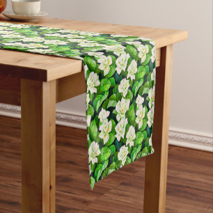 White Gardenias and Jade Green Leaves Short Table Runner