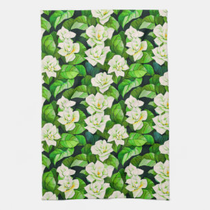 White Gardenias and Jade Green Leaves Tea Towel