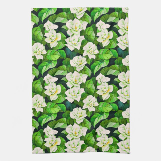 White Gardenias and Jade Green Leaves Tea Towel (Vertical)