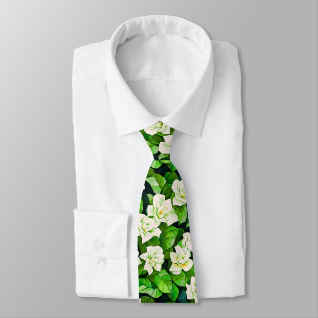 White Gardenias and Jade Green Leaves  Tie (Tied)