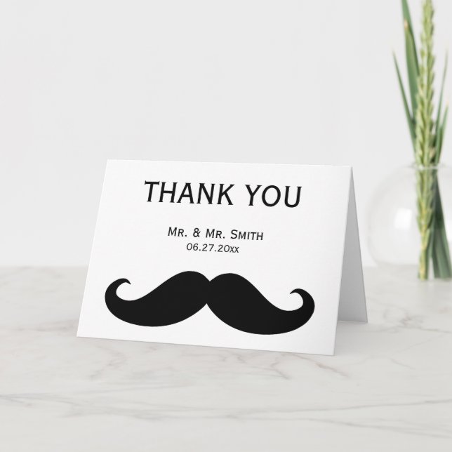 White Gay Wedding Thank You Cards With Moustache (Front)