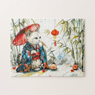 White Geisha Cat with Red Umbrella in Bamboo Fores Jigsaw Puzzle