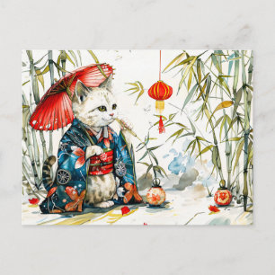 White Geisha Cat with Red Umbrella in Bamboo Fores Postcard