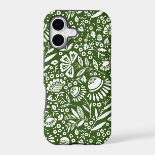 White Geometric Blooms Pattern on Forest Green