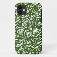 White Geometric Blooms Pattern on Forest Green