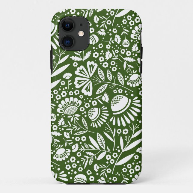 White Geometric Blooms Pattern on Forest Green Case-Mate iPhone Case (Back)