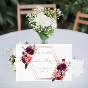 White geometric burgundy pink florals wedding guest book