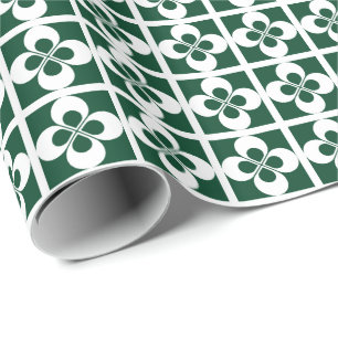 White Geometric Floral on Evergreen Green Wrapping Paper