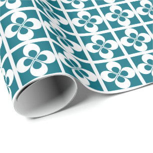 White Geometric Floral on Teal Blue Wrapping Paper