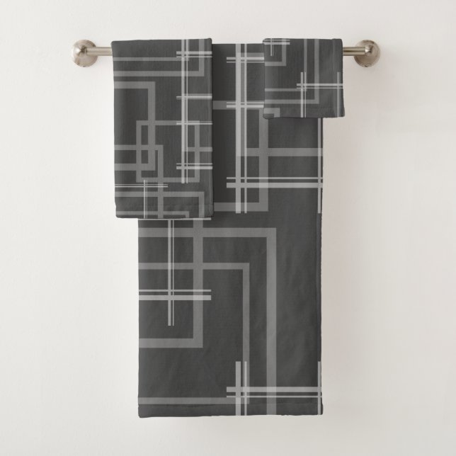 White Geometric Intersected Random Squares Bath Towel Set (Insitu)