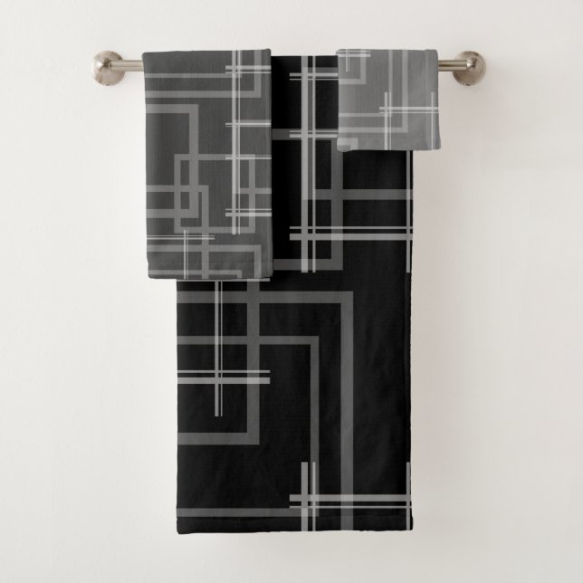 White Geometric Intersected Random Squares Bath Towel Set (Insitu)