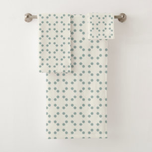 White geometric print with green-blue polka dots bath towel set