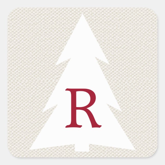 White Geometric Tree on Beige, Burgundy Monogram Square Sticker (Front)