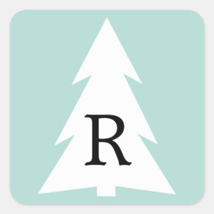 White Geometric Tree on Mint Green Custom Monogram Square Sticker