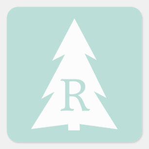 White Geometric Tree on Mint Green, Your Monogram Square Sticker