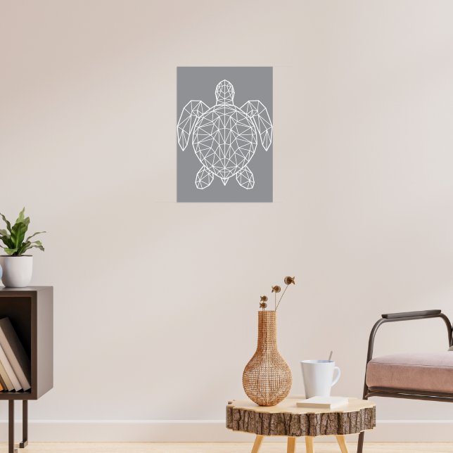 White Geometric Wireframe Sea Turtle Poster (Living Room 3)