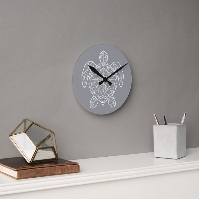 White Geometric Wireframe Sea Turtle Round Clock (Office)