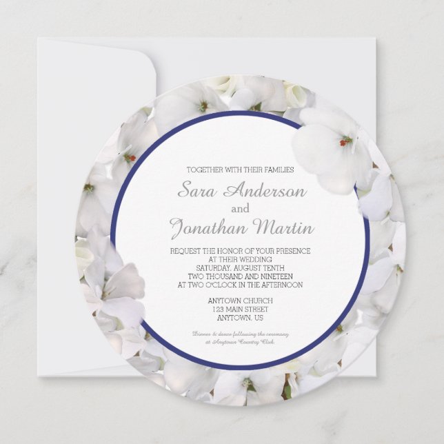 White Geranium & Navy Blue Accent Round Wedding Invitation (Front)