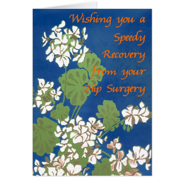 White Geraniums on Blue Get Well Hip Surgery (Front)