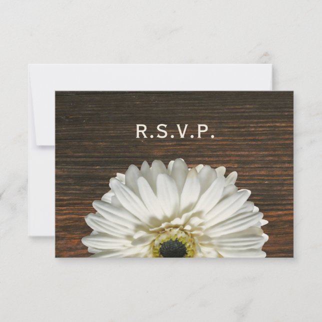 White Gerbera & Barnwood Rustic Wedding RSVP (Front)