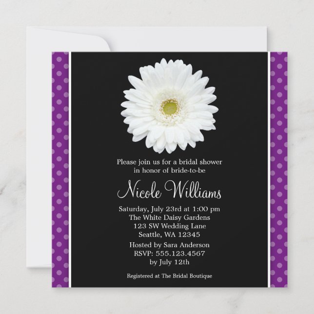 White Gerbera Daisy Purple Polka Dot Bridal Shower Invitation (Front)