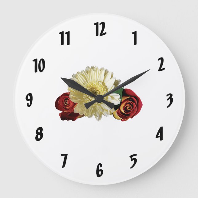 White Gerbera Daisy with Rosebuds Large Clock (Front)