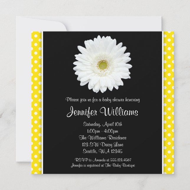 White Gerbera Daisy Yellow Polka Dot Baby Shower Invitation (Front)