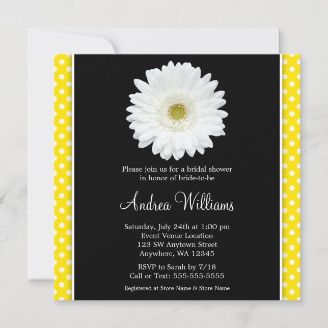 White Gerbera Daisy Yellow Polka Dot Bridal Shower Invitation (Front)