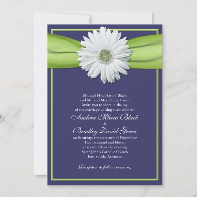 White Gerbera Navy Green Ribbon Invitation (Front)