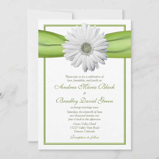 White Gerbera with Green Ribbon Invitation (Front)