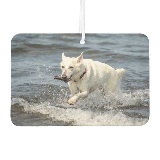 White German Shepard on Lake George Car Air Freshener (Front)