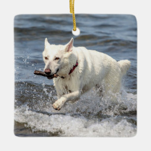 White German Shepard on Lake George Ceramic Ornament