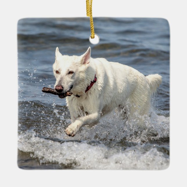 White German Shepard on Lake George Ceramic Ornament (Front)