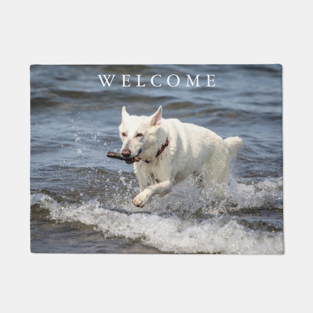 White German Shepard on Lake George Doormat (Front)