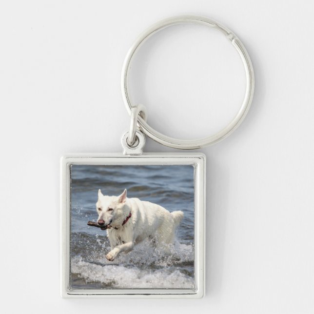 White German Shepard on Lake George Key Ring (Front)