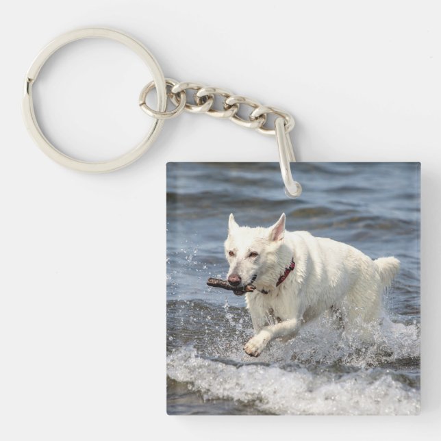 White German Shepard on Lake George Key Ring (Front)