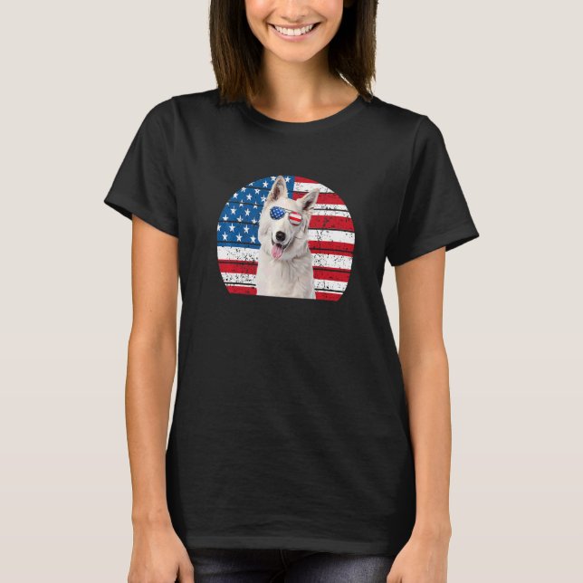 White German Shepherd American Flag 4th July Gsd D T-Shirt (Front)