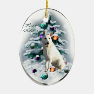 White German Shepherd Christmas Ceramic Tree Decoration