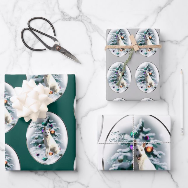 White German Shepherd Christmas Wrapping Paper Sheet (Front)