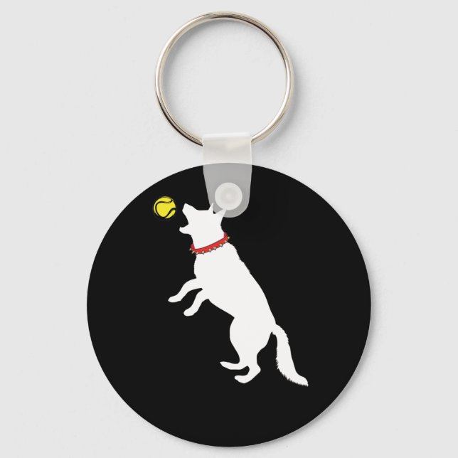 White German Shepherd Dog GSD Catching Yellow Key Ring (Front)