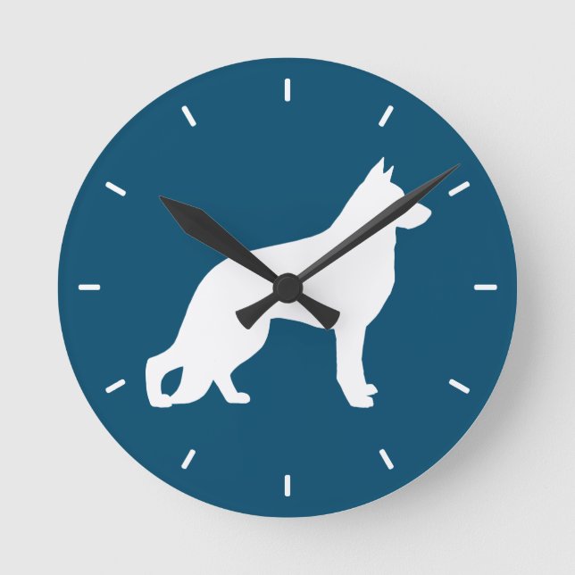 White German Shepherd Dog GSD K9 Silhouette Round Clock (Front)
