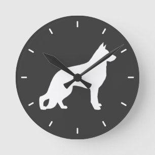 White German Shepherd Dog Silhouette Round Clock