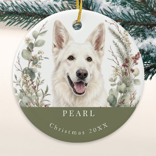 White German Shepherd Dog Watercolor Christmas Ceramic Tree Decoration