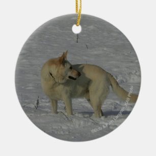 White German Shepherd  in the Snow Ceramic Tree Decoration