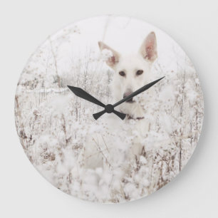White German Shepherd in the Snow Large Clock
