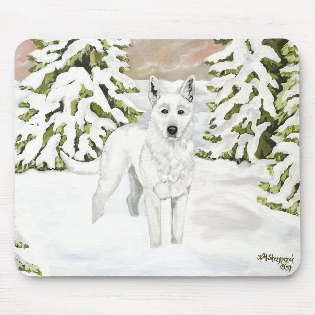 White German Shepherd in Winter Snow Mouse Pad (Front)