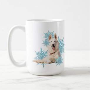 White German Shepherd laying in the Snowflakes  Coffee Mug