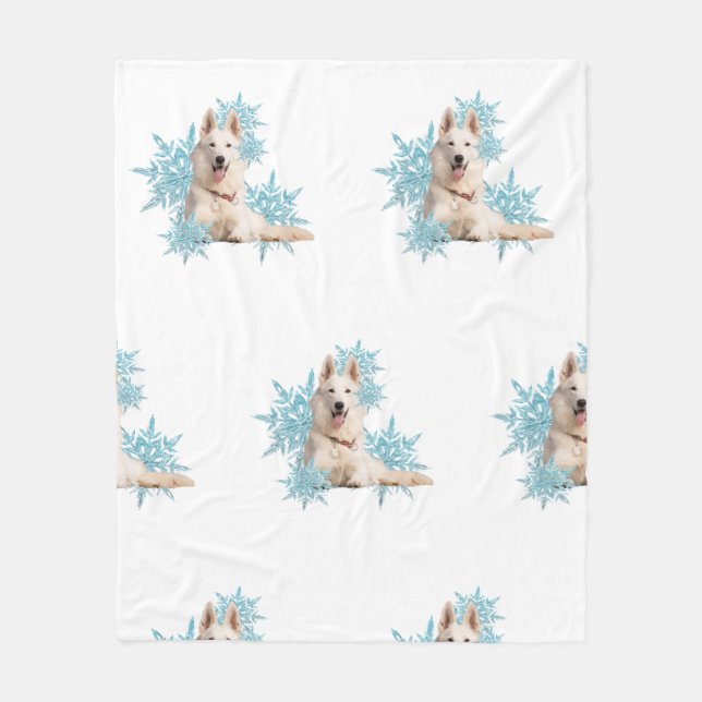 White German Shepherd laying in the Snowflakes  Fleece Blanket (Front)