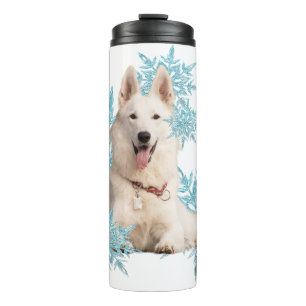 White German Shepherd laying in the Snowflakes  Thermal Tumbler